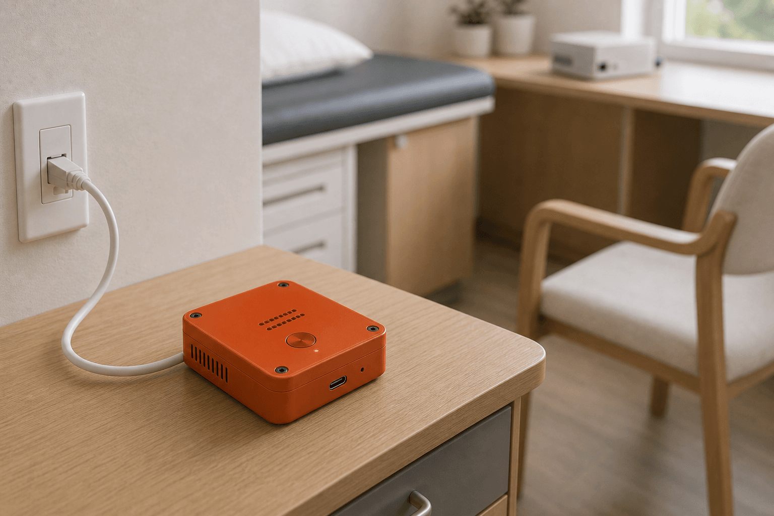 Orange AGIMINION capture device on a side table in a medical exam room.