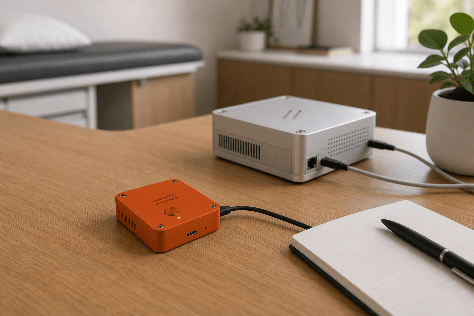 Orange AGIMINION capture device on a physician office desk with the silver AGIMAN appliance behind it.