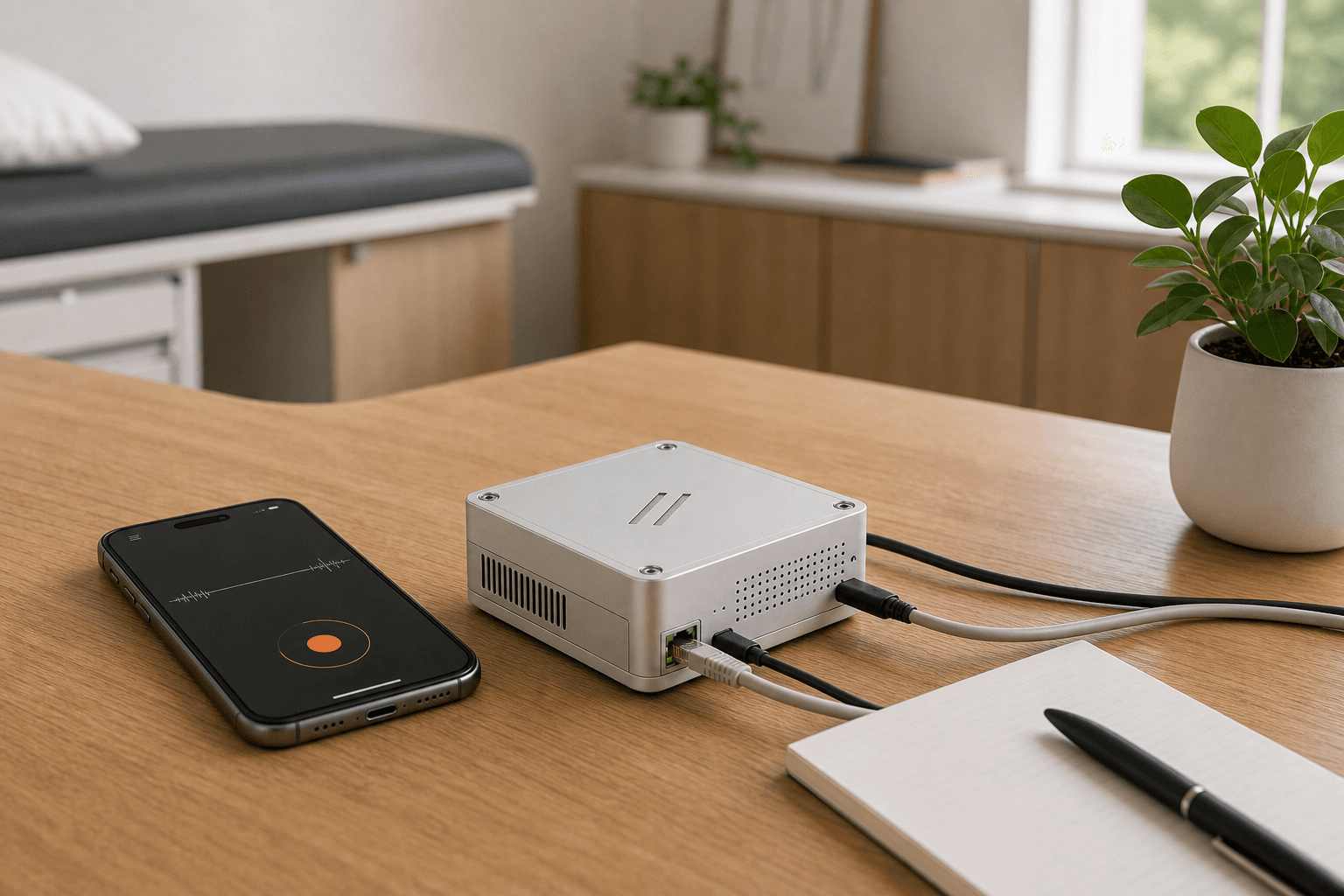 The silver AGIMAN appliance on a clinic desk, cabled to power and network, with an AGIMINION capture device showing the orange record control nearby.