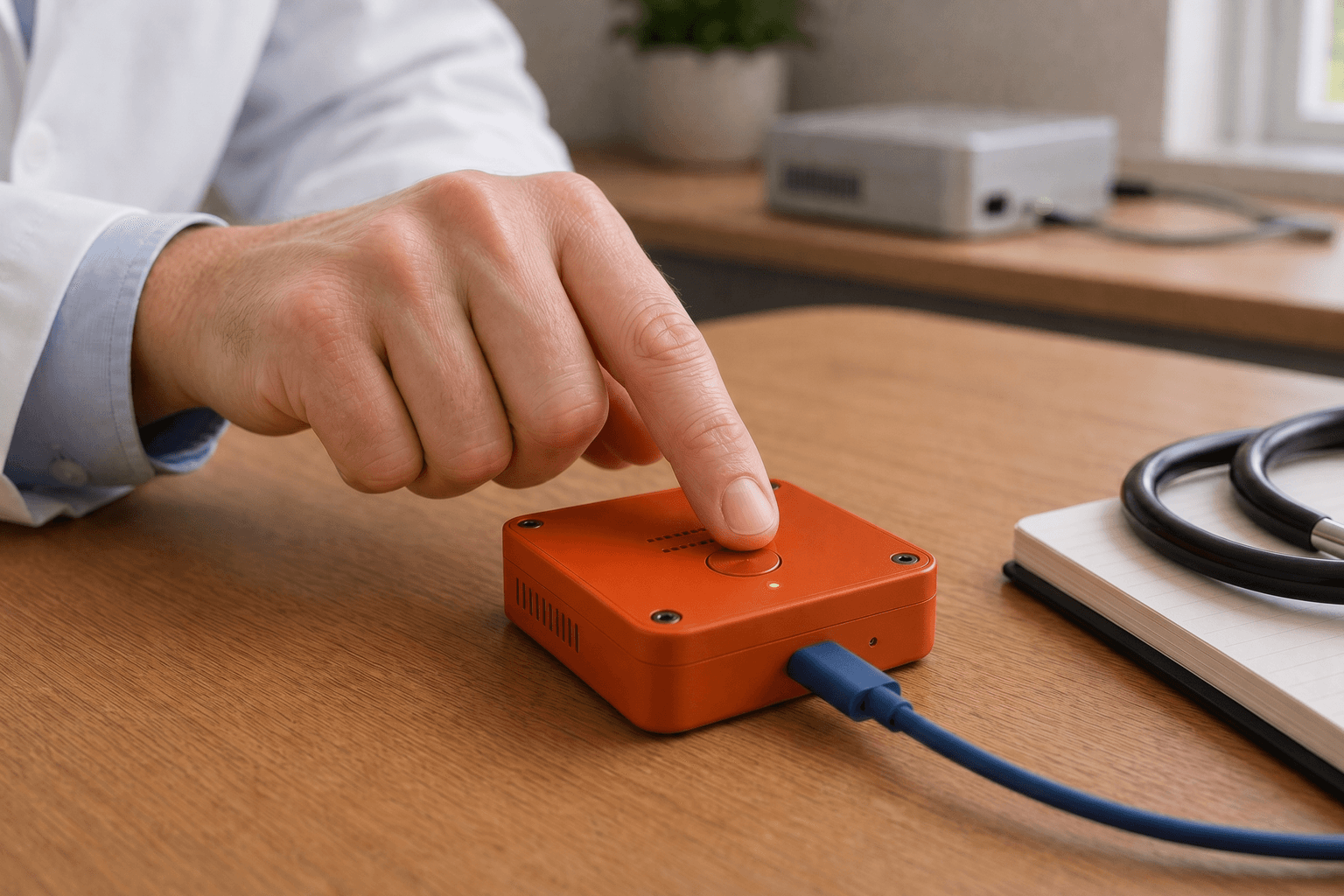 A provider pressing the record button on an AGIMINION room capture device.